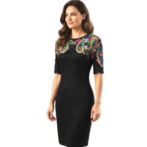 Stenay Women Black Beaded Sequin Paisley Party‎ Cocktail Dress Silk Vintage